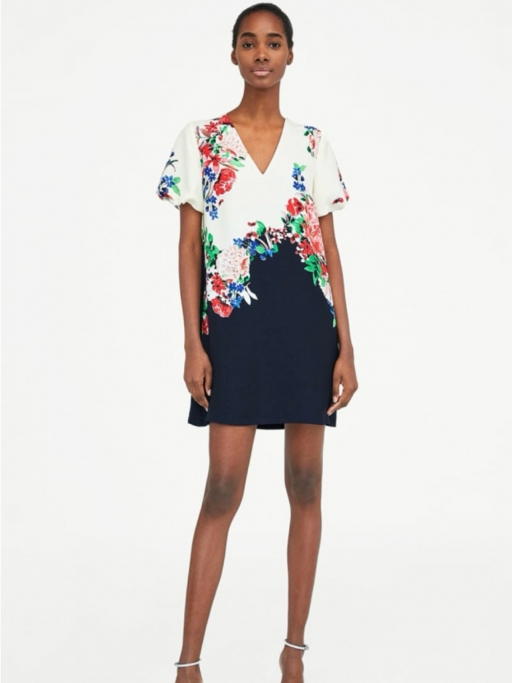 Zara floral shift dress with puff sleeves